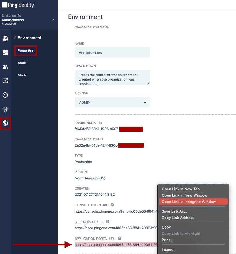 Screen capture of Environment Properties with the Application Portal URL highlighted in red, as well as Open Link in Incognito Window.