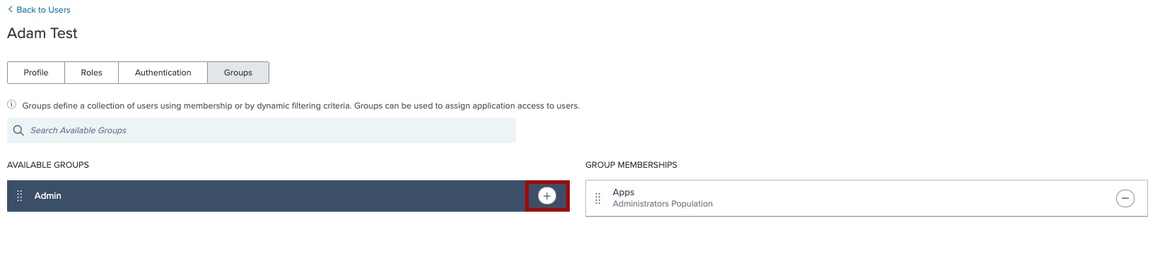 Screen capture of Admin groups plus icon highlighted in red.