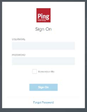 A screen capture of the PingIdentity Sign On page. The page has Username and Password fields, a Remember Me checkbox, a Sign On button, and the Forgot Password link.