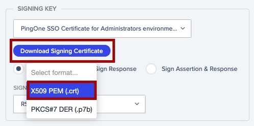 Screen capture of PingOne signing certificate download button and C509 PEM (.crt) highlighted in red.