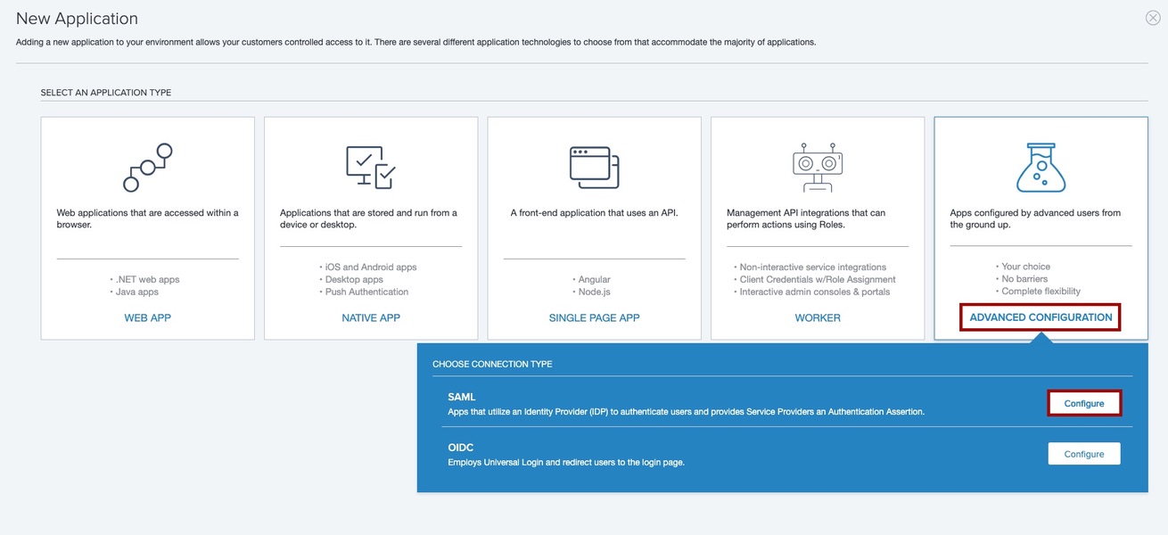 Screen capture of New Application page with Advanced Configuration and Configure highlighted in red.