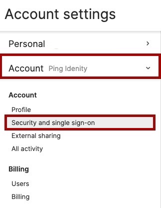 Screen capture of Aha! Ideas account settings sidebar with Account and Security and single sign-on highlighted in red.