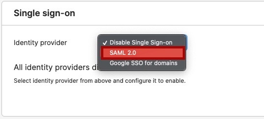 Screen capture of Aha! Ideas Single sign-on settings with SAML 2.0 selected as the Identity provider.