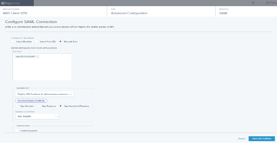 Screen capture of PingOne Configure SAML Connection page.