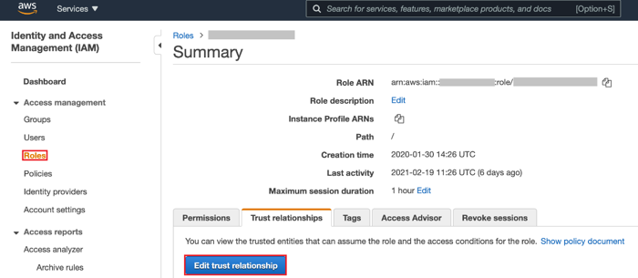 Screen capture of the AWS console with the Roles page open under the Access management menu. The Edit trust relationship button is highlighted in red on the Trust relationships tab.