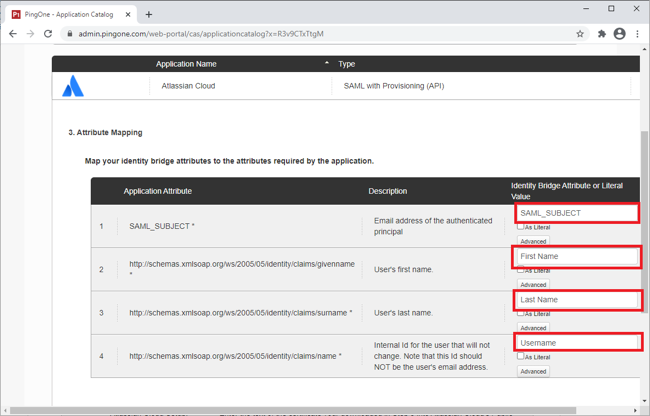 Screen capture of the admin page showing the Attribute Mapping fields on the Application Catalog. The Identity Bridge: Attribute or Literal Value column fields are highlighted in red.