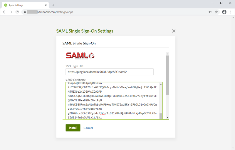 Screen capture illustrating the SAML SSO Login URL and the x.509 Certificate metadata.