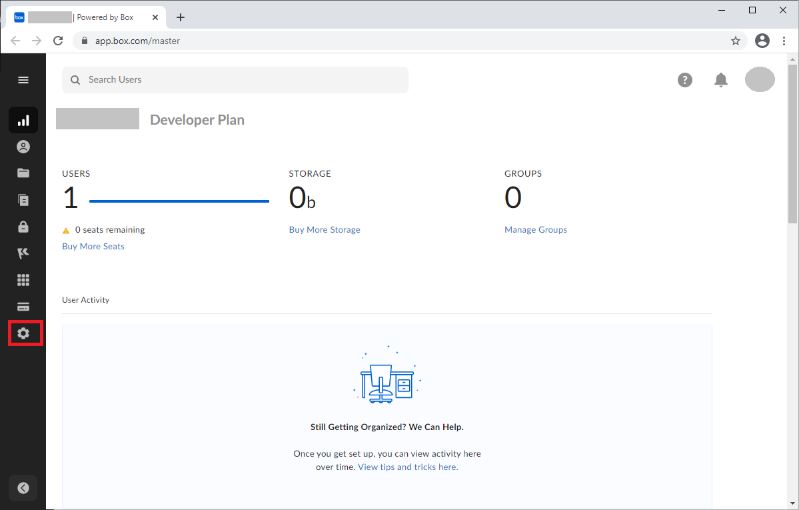 Screen capture of Box Developer Plan homepage with the Settings icon on the left sidebar highlighted in red.