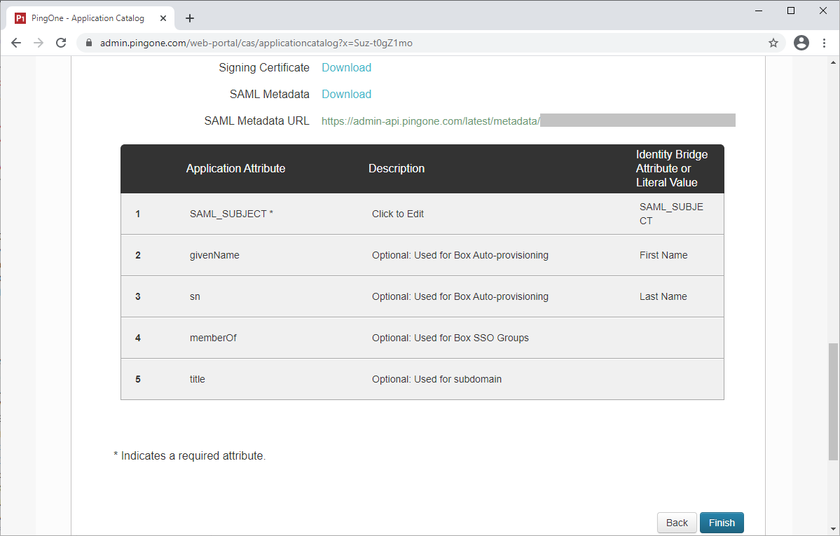 Continuing from the previous screen capture, this screen capture of PingOne for Enterprise Review Setup page displays the Application Attribute table with columns for Description and Identity Bridge Attribute or Literal Value.