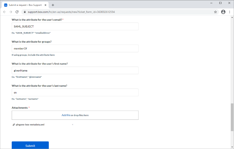 Screen capture of the Box SSO Setup Support Form.