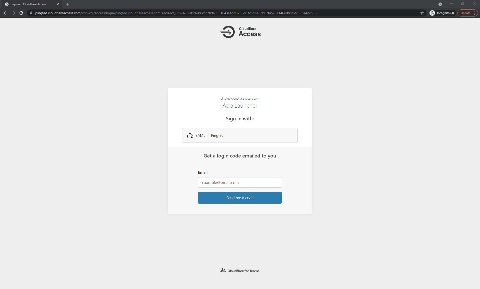 Screen capture of Cloudflare Access with an App Launcher prompt to sign in with SAML - PingFed.