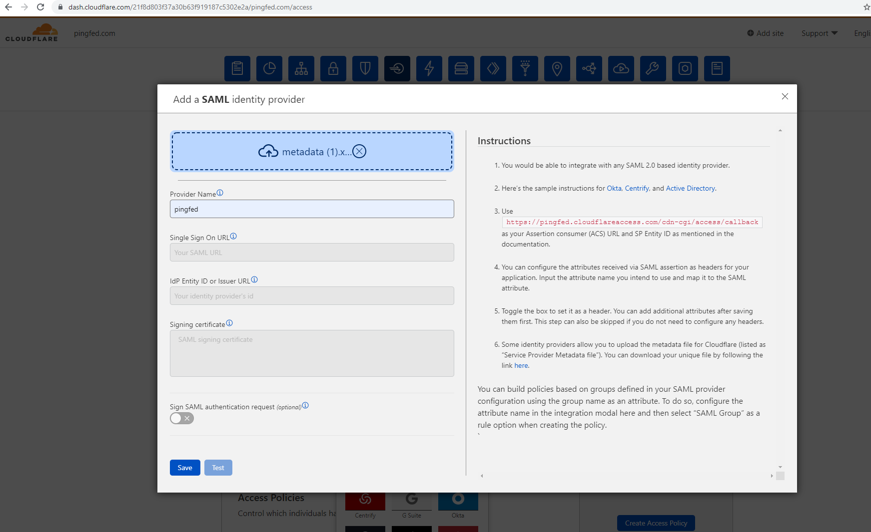 Screen capture of Cloudflare Add a SAML identity provider section with metadata uploaded.