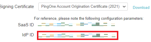 Screen capture of PingOne for Enterprise IdP ID field highlighted in red.