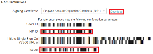 Screen capture of the SSO Instructions Signing Certificate field with the download button highlighted in red, and the IdP ID and Issuer configuration parameter fields higlighted in red.