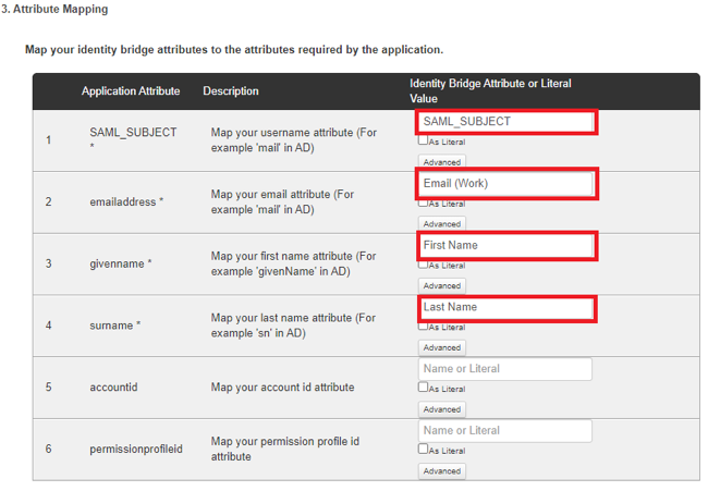 Screen capture of the Attribute Mapping section with the Identity Bridge Attribute or Literal Value fields highlighted in red for the SAML_SUBJECT, emailaddress, givenname, and surname application attributes.