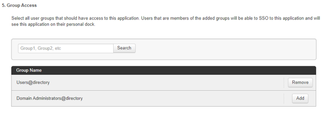 Screen capture of the Group Access section with the list of user groups that should have access to the Docusign application.