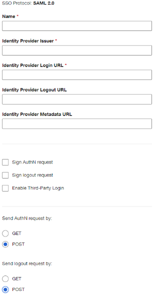 Screen capture of the Add Identity Provider fields for SSO Protocol: SAML 2.0. The Name, Identity Provider Issuer, and Identity Provider Login URL fields are required.