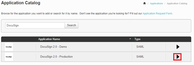 Screen capture of the Application Catalog in PingOne for Enterprisewith a completed search for DocuSign in the Search Field. In the list of applications, the DocuSign 2.0 Production application name’s expand button is highlighted in red.