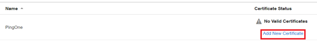 Screen capture of the PingOne identity provider with no current valid certificate. The Add New Certificate button is highlighted in red.