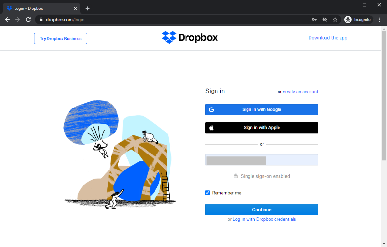 Screen capture of Dropbox sign on page.