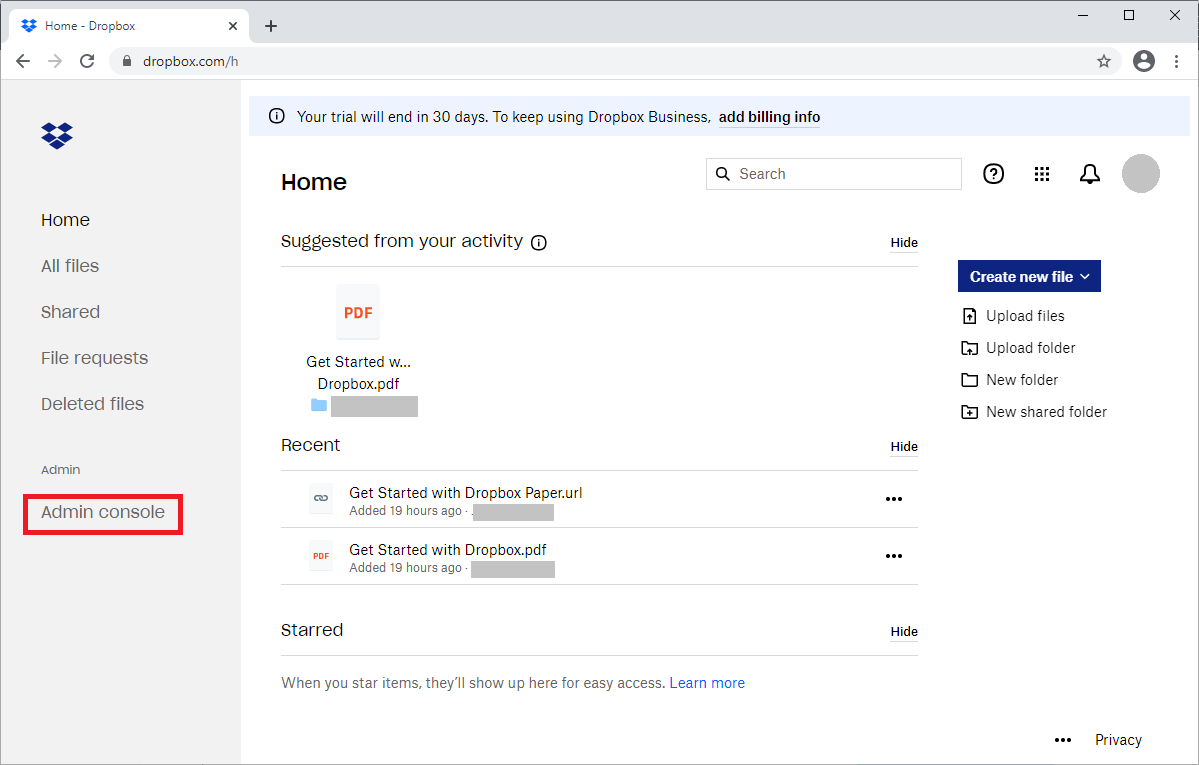 Screen capture of Dropbox home page with Admin console on the lefthand side bar highlighted in red.