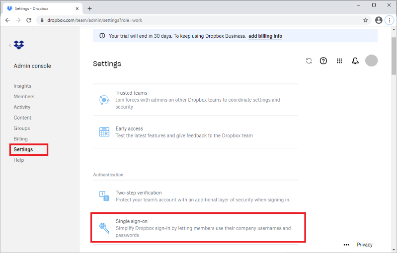 Screen capture of Dropbox Settings page with Single sign-on highlighted in red.