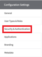 Screen capture of Egnyte Configuration Settings with Security & Authentication highlighted in red.