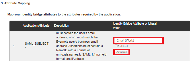 Screen capture of PingOne for Enterprise Attribute Mapping section with the Email Identity Bridge Attribute or Literal Value field highlighted in red, as well as the Advanced button below it.