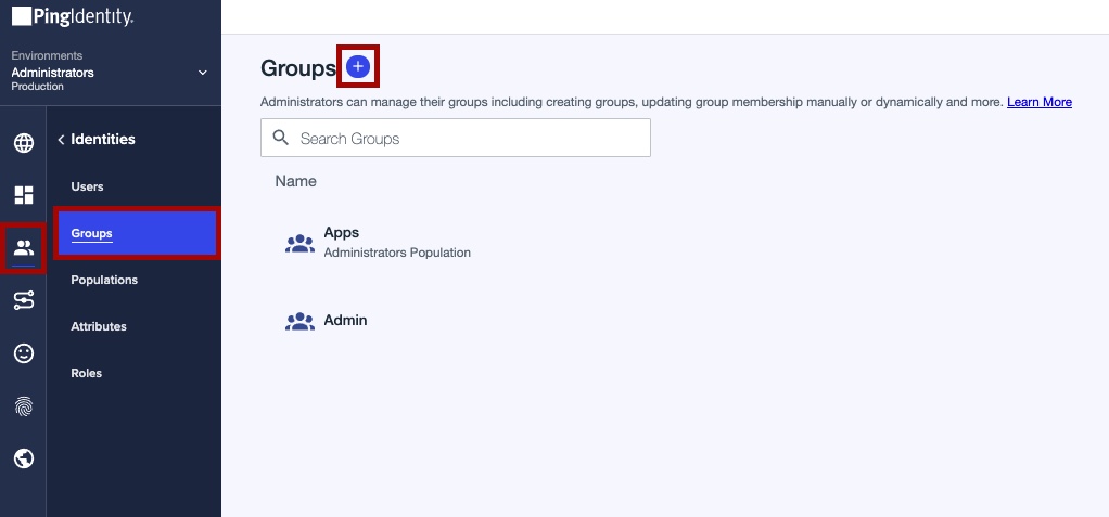 Screen capture of Groups section with the Group icon and plus icon highlighted in red.