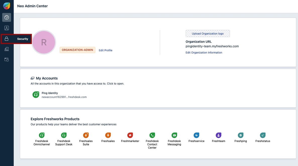 Screen capture of Freshworks Admin Center with Security highlighted in red on the lefthand panel.