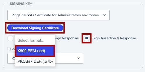 Screen capture of SSO Signing Key section with Download Signing Certificate and X509 PEM (.crt) highlighted in red.