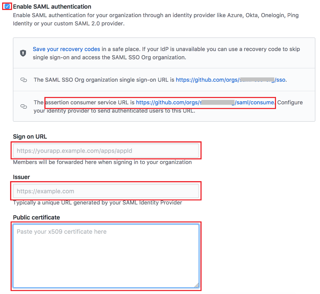 Screen capture of GitHub settings with the Enable checkbox, assertion consumer service URL, Sign on URL, Issuer URL, and Public certificate fields highlighted in red.