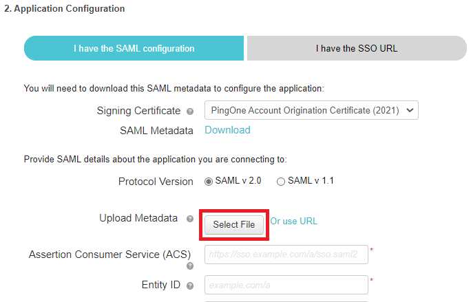 Screen capture of Application Configuration section with the Select File button next to Upload Metadata highlighted in red.