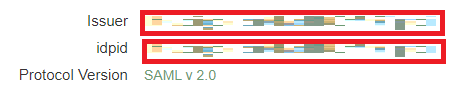 Screen capture of Issuer and idpid values redacted and highlighted in red.