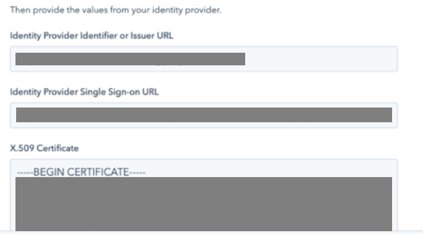 Screen capture of PingOne for Enterprise Identity Provider Identifier or Issuer URL, Identity Provider Single Sign-on URL, and X.509 Certificate fields.