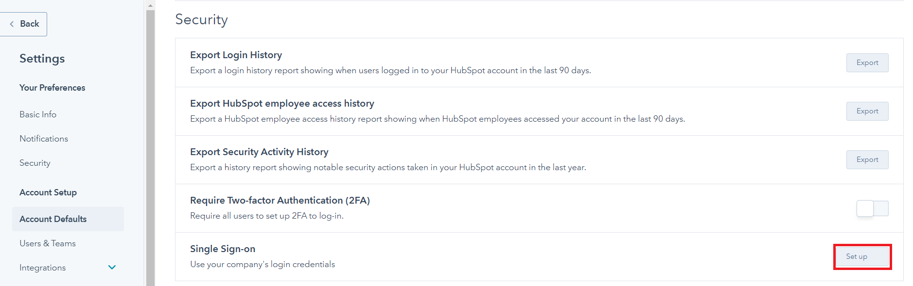 The HubSpot Settings page with the Single Sign-on Set up button highlighted in red.