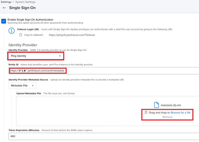 Screen capture of the Single Sign-On System Settings in Jamf Pro console with the Identity provider list, the Entity ID field, and the Upload Metadata File fields highlighted in red.