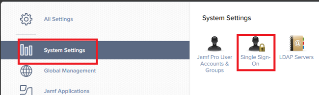 Screen capture of the Jamf Pro console with the System Settings and Single Sign-On sections highlighted in red.