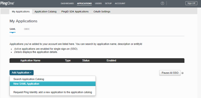 The PingOne for Enterprise My Applications page with the SAML tab selected. The Add Application list is open with New SAML Application selected.