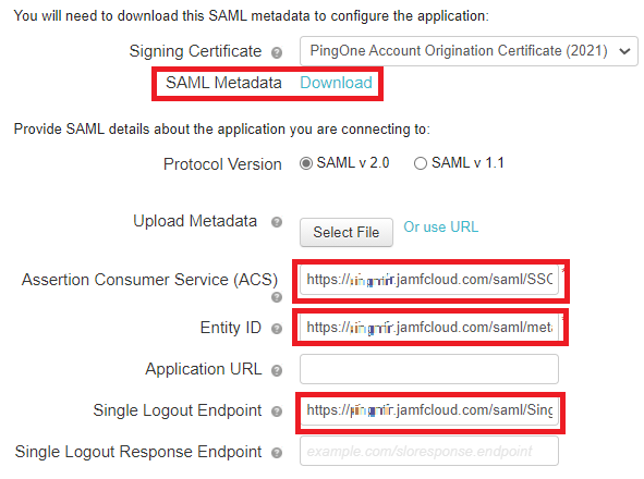 Screen capture of the SAML metadata fields in PingOne for Enterprise with the SAML Metadata, Assertion Consumer Service, Entity ID, and Single Logout Endpoint fields highlighted in red.