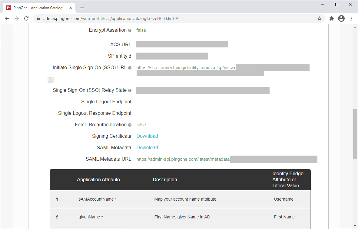 Continuing from the last screen capture, the PingOne for Enterprise Review Setup section displaying SSO and SAML connection information as well as the Application Attribute table for review.