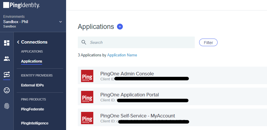 Screen capture of PingOne Applications page.