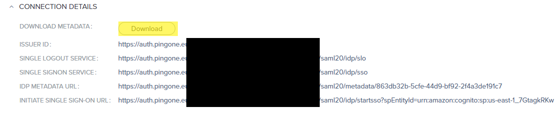 Screen capture of PingOne metadata connection details with the Download Metadata button highlighted in yellow.