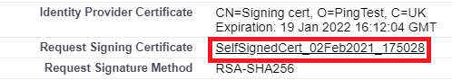 Screen capture of the Identity Provider Certificate, the Request Signing Certificate, and the Request Signature Method fields with the Request Signing Certificate field highlighted in red.