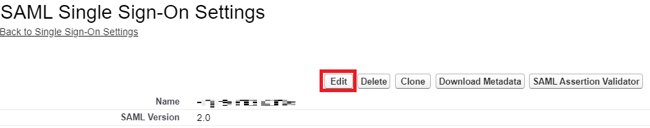Screen capture of the SAML Single Sign-On Settings with the Edit button highlighted in red.