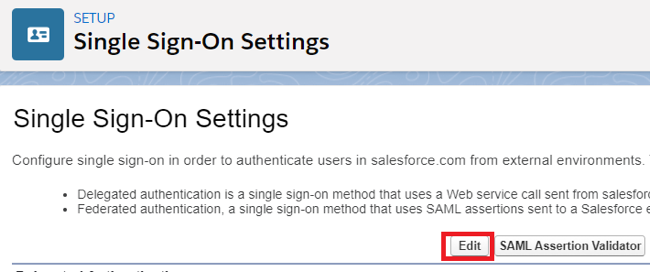 Screen capture of the Salesforce Single Sign-On Settings with the Edit button highlighted in red.