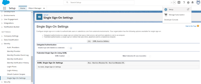 Screen capture of the Salesforce Single Sign-On Settings page.