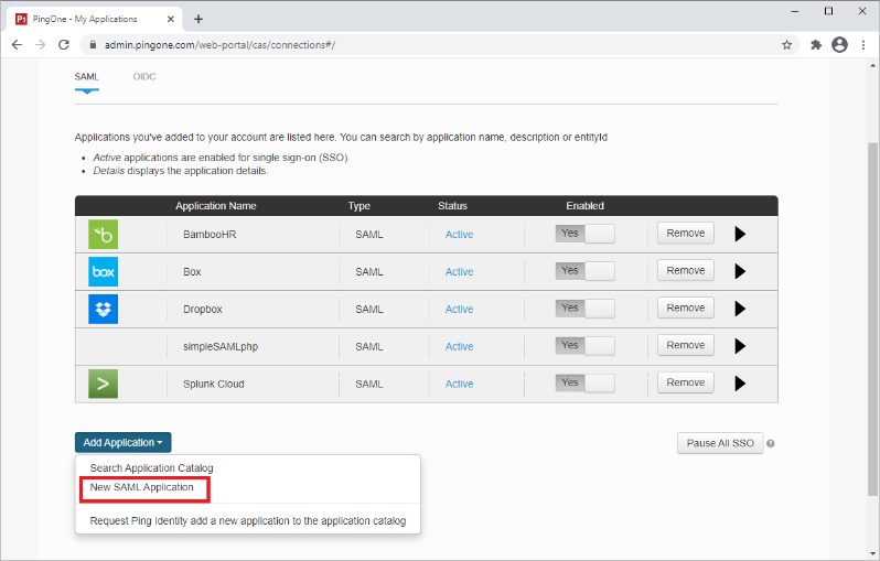 Screen capture of PingOne for Enterprise SAML Application tab with the Add Application dropdown menu opened and New SAML Application highlighted in red.