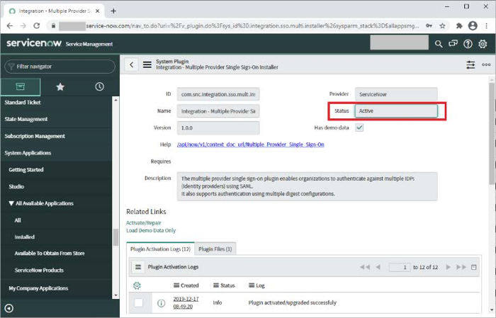 A screen capture of the System Plugin section. There are fields for ID, Name, Version, Provider, Status, which is highlighted, Has demo data with a selected checkbox, Help, Requires, and Description.