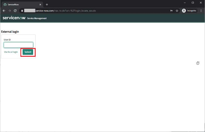 A screen capture of the ServiceNow External login page. There is a User ID field, a Use local Login link, and a Submit button, which is highlighted.